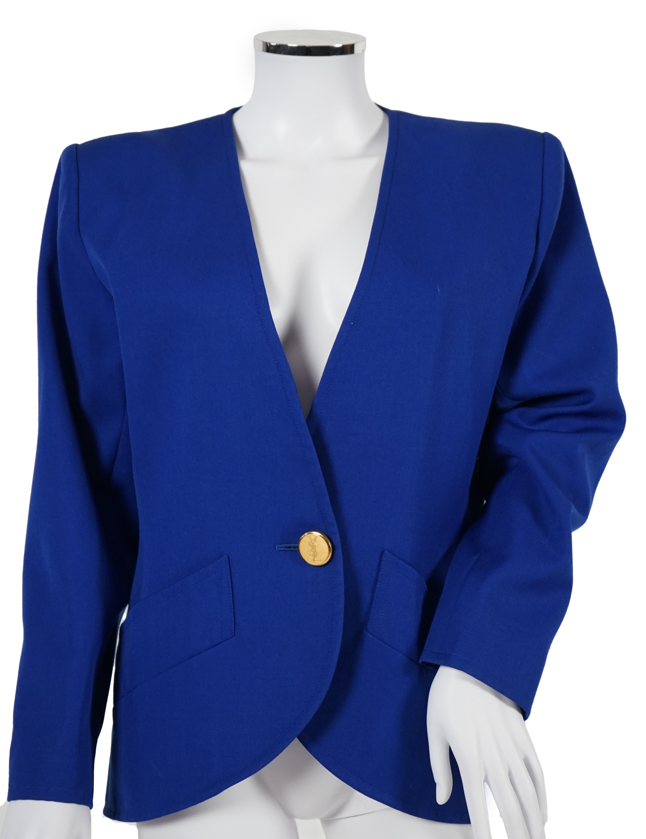 Two vintage Yves Saint Laurent variation lady's skirt suits, royal blue and orange. F 40 (UK 12).Please note alterations to make the waist smaller may have been carried out on some of the skirts. Proceeds to Happy Paws P
